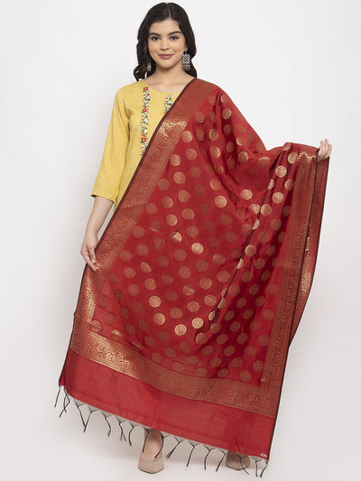 Maroon and Gold Banarsi Silk Dupatta with intricate ethnic design.