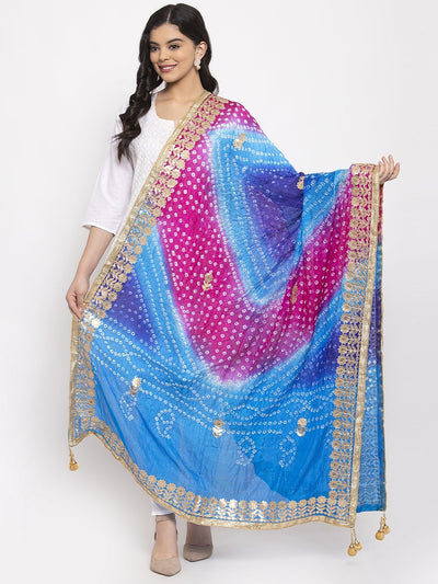 Multicoloured Bandhani Gotta Patti Silk Dupatta with ethnic design and gold detailing.