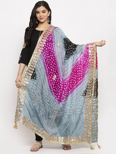 Multicoloured Bandhani Gotta Patti Silk Dupatta with ethnic design.