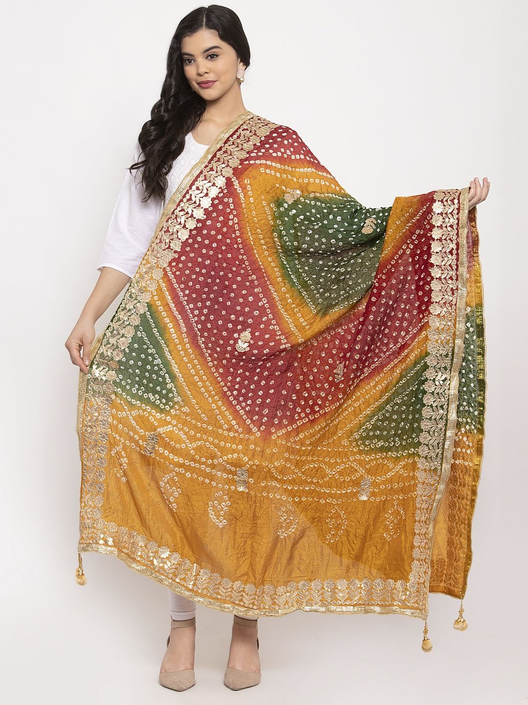 Multicoloured Bandhani Gotta Patti Silk Dupatta with intricate design and vibrant hues.
