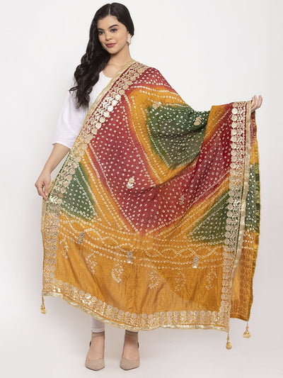 Multicoloured Bandhani Gotta Patti Silk Dupatta with intricate design and vibrant hues.