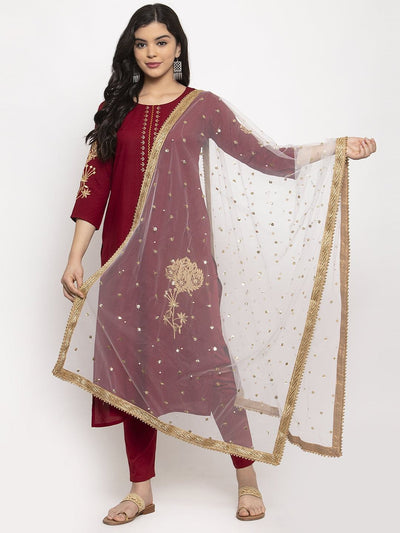 White Heavy Gotta Patti Net Dupatta with golden border and intricate design.