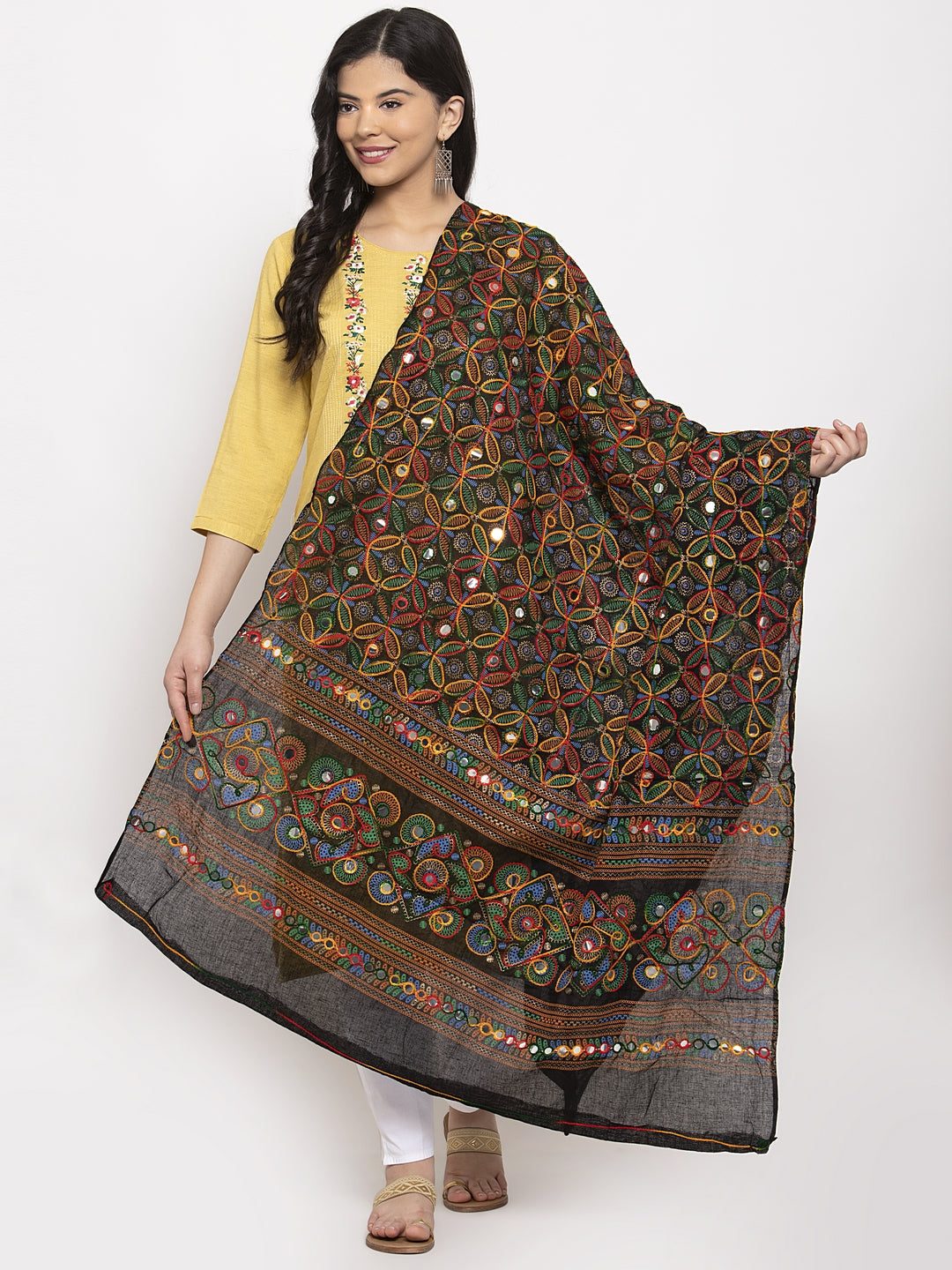 Black embroidered dupatta with colorful ethnic patterns.