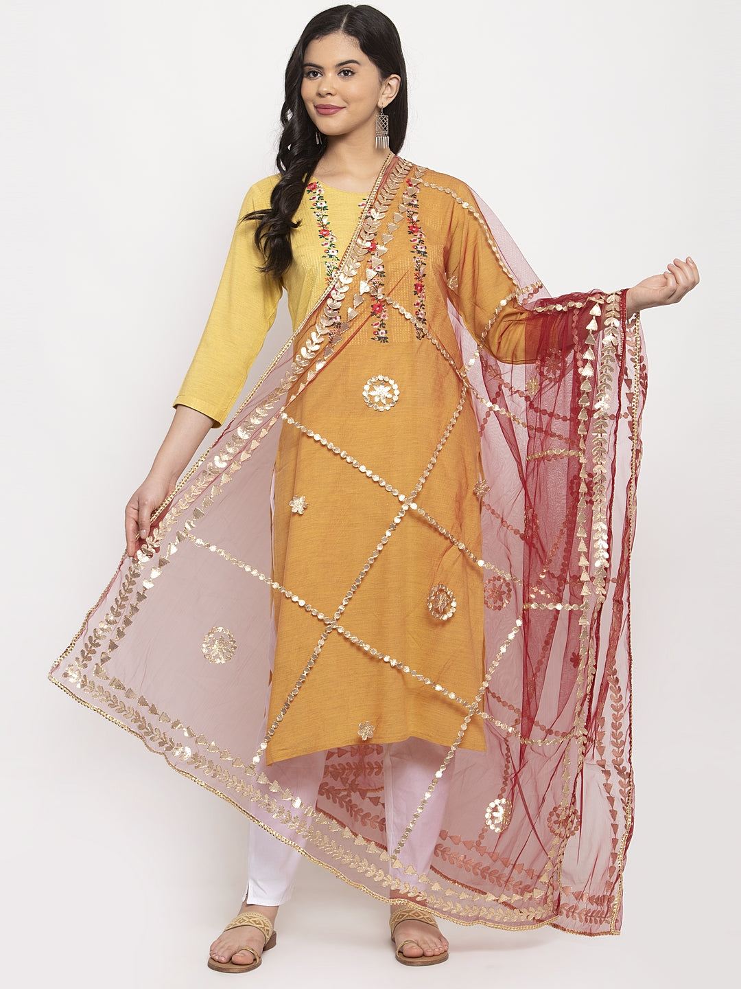 Maroon Gotta Patti Net Dupatta styled with ethnic attire.
