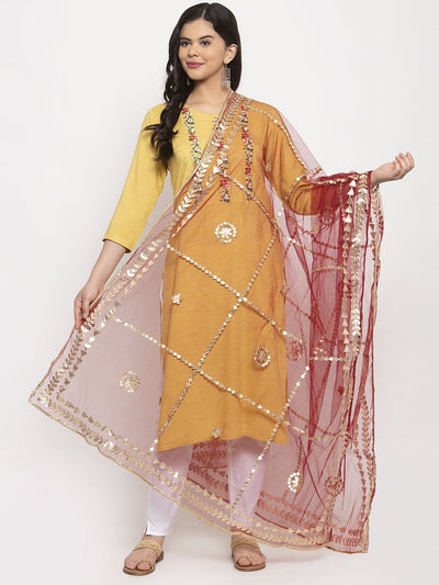 Maroon Gotta Patti Net Dupatta styled with ethnic attire.