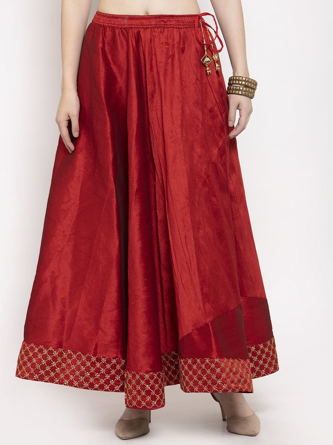 Maroon flared embellished skirt in raw silk fabric for women.