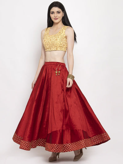 Maroon flared embellished skirt in raw silk fabric for women.