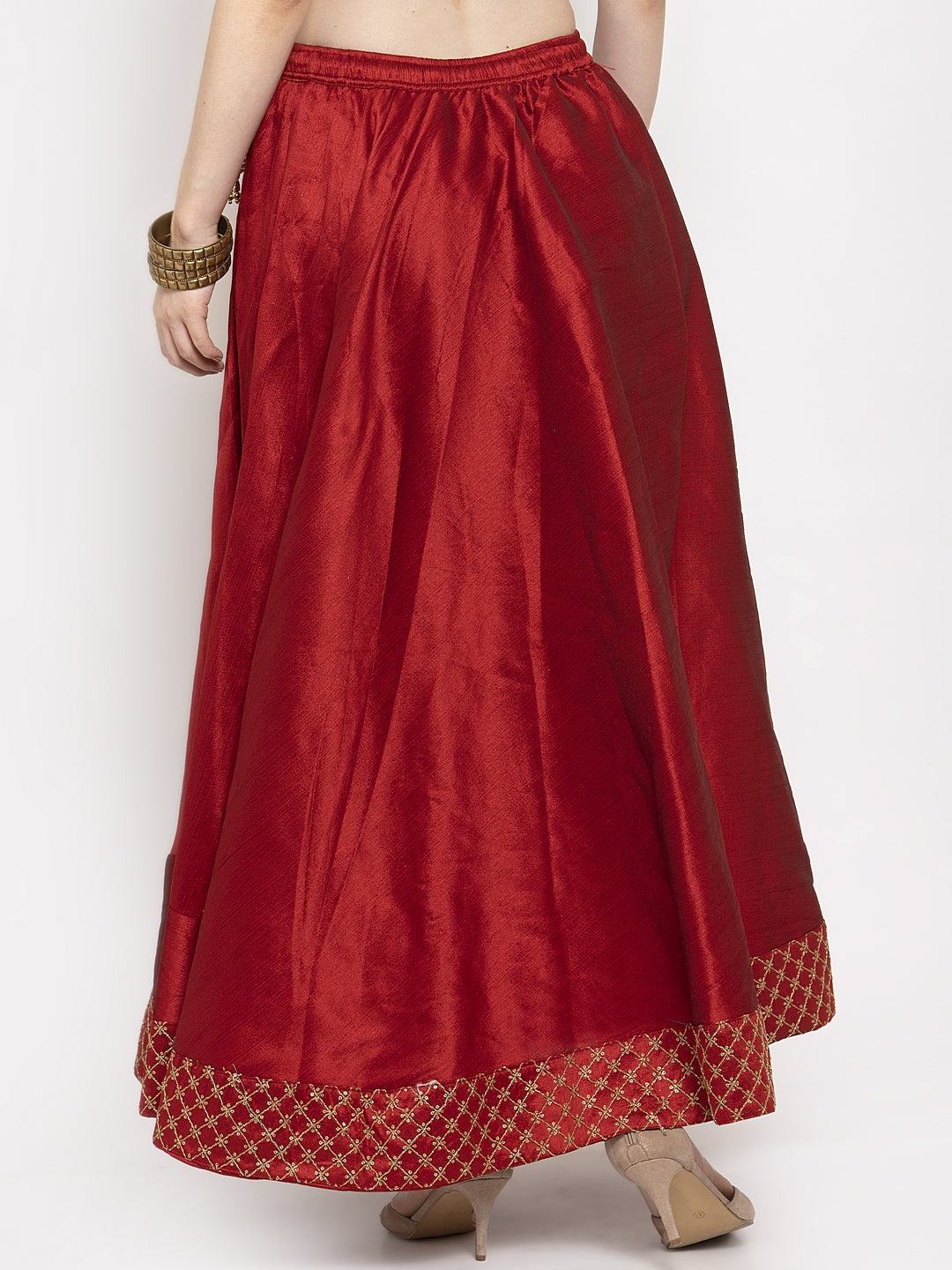 Maroon flared embellished skirt in raw silk for women.