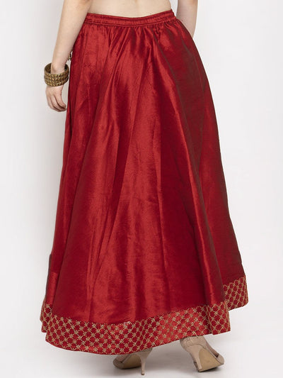 Maroon flared embellished skirt in raw silk for women.