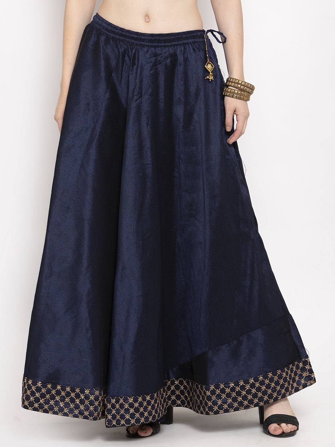 Navy blue flared embellished skirt made from raw silk fabric for women.