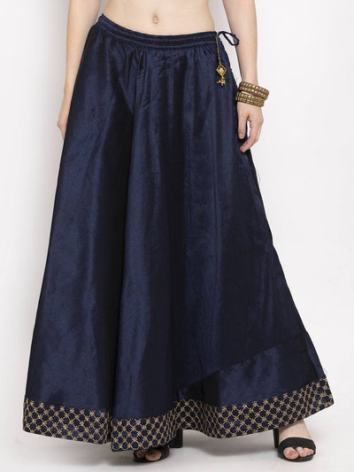 Navy blue flared embellished skirt made from raw silk fabric for women.