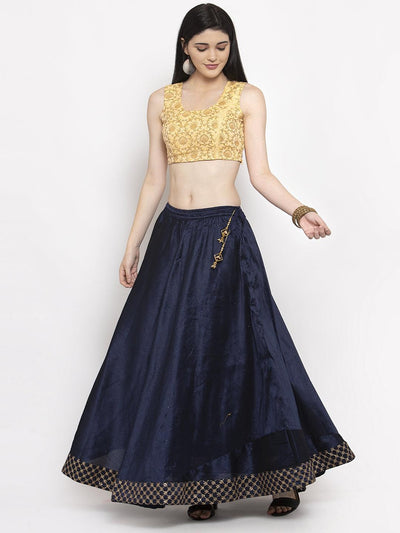 Navy Blue Flared Embellished Skirt made from Raw Silk fabric, paired with a golden blouse.