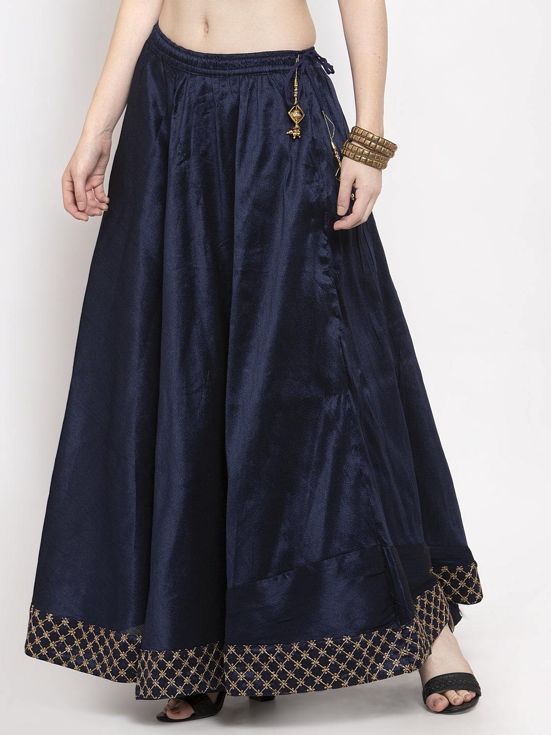 Navy blue flared embellished skirt made from raw silk fabric.