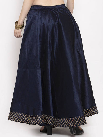 Navy Blue Flared Embellished Skirt in Raw Silk fabric with decorative hem.