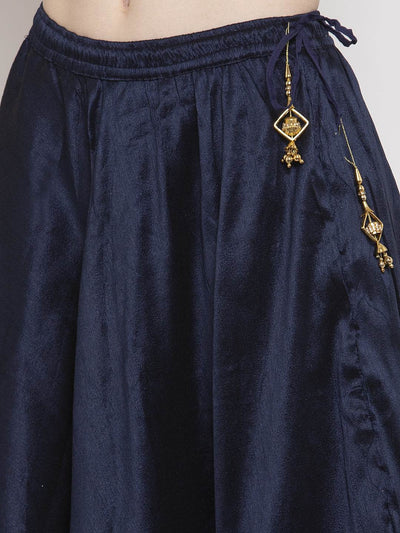 Navy Blue Flared Embellished Skirt in Raw Silk fabric with decorative details.