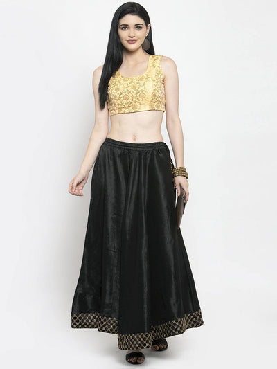 Black flared embellished skirt made from comfortable raw silk fabric, perfect for a stylish look.