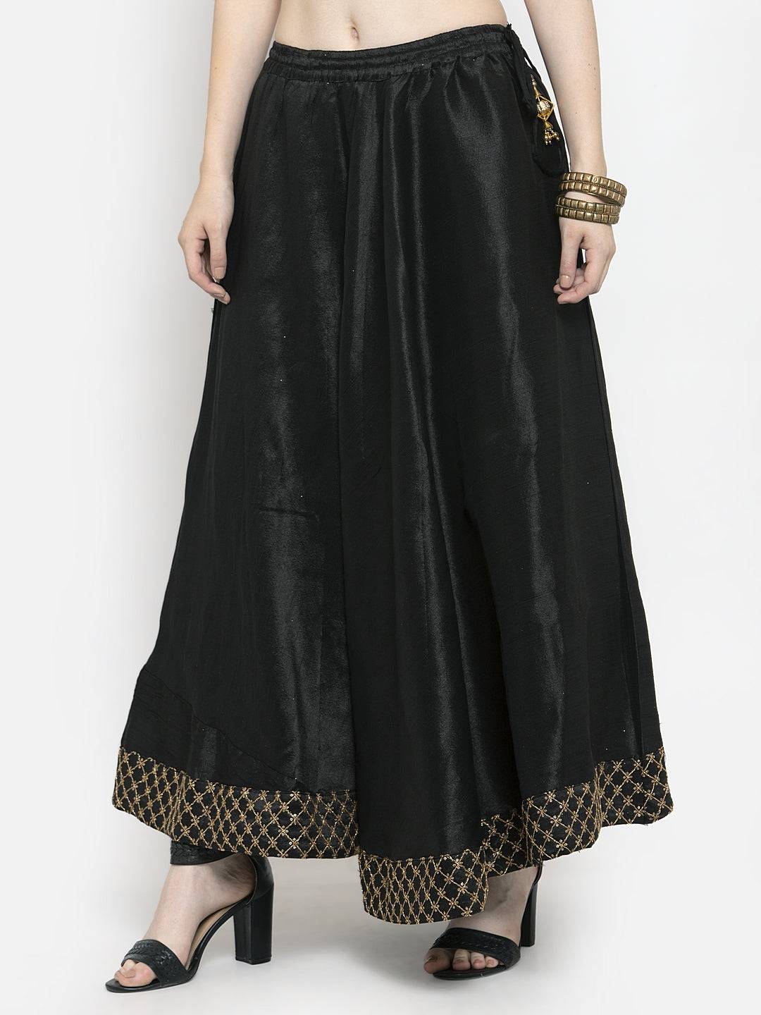 Black flared embellished skirt in raw silk for women.