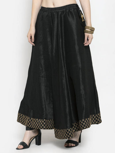 Black flared embellished skirt in raw silk for women.
