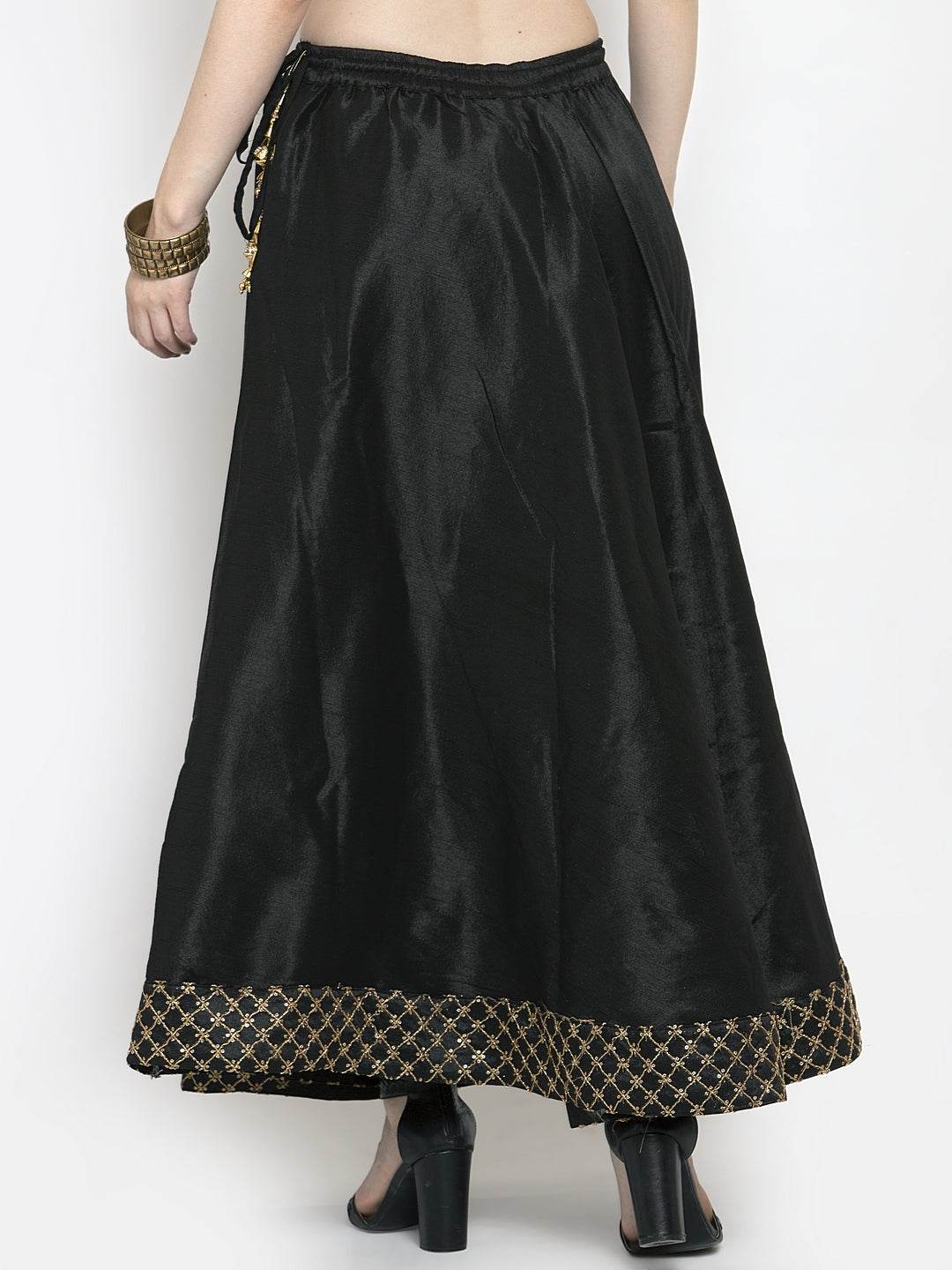 Black flared embellished skirt in raw silk fabric, stylish and comfortable for women.