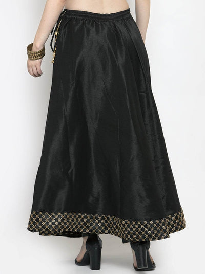 Black flared embellished skirt in raw silk fabric, stylish and comfortable for women.