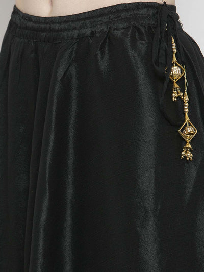 Black flared embellished skirt in Raw Silk with decorative details.