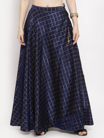 Navy blue printed maxi skirt from Clora, made of silk fabric, providing comfort and style.