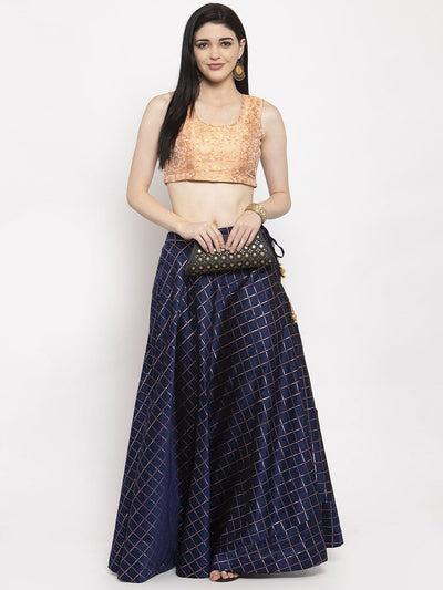 Navy blue printed maxi skirt in silk fabric worn by a woman.