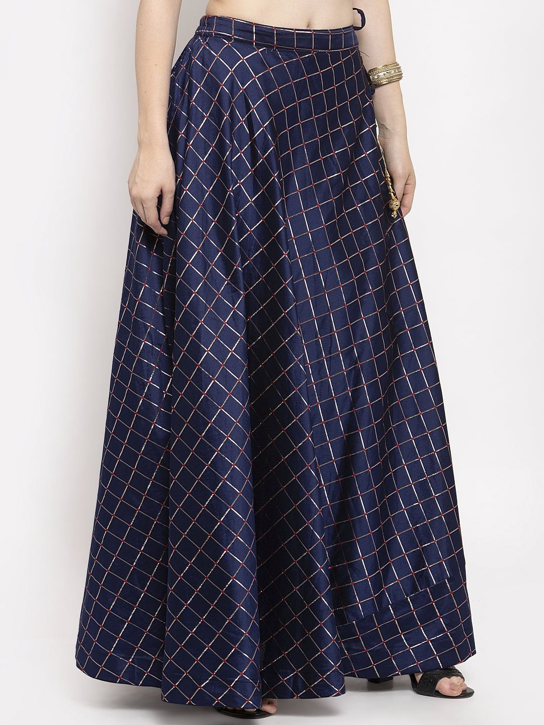 Navy blue printed maxi skirt for women, made from silk fabric, flared design.
