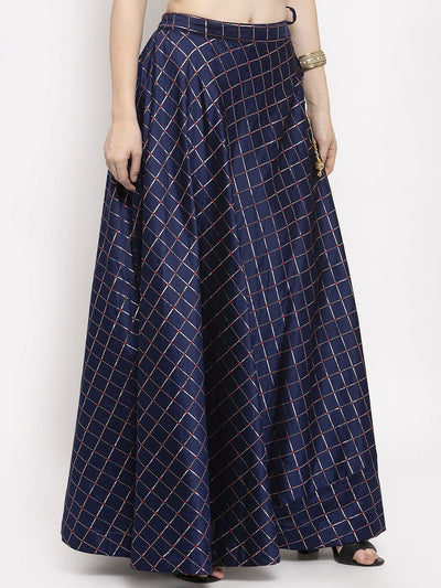 Navy blue printed maxi skirt for women, made from silk fabric, flared design.