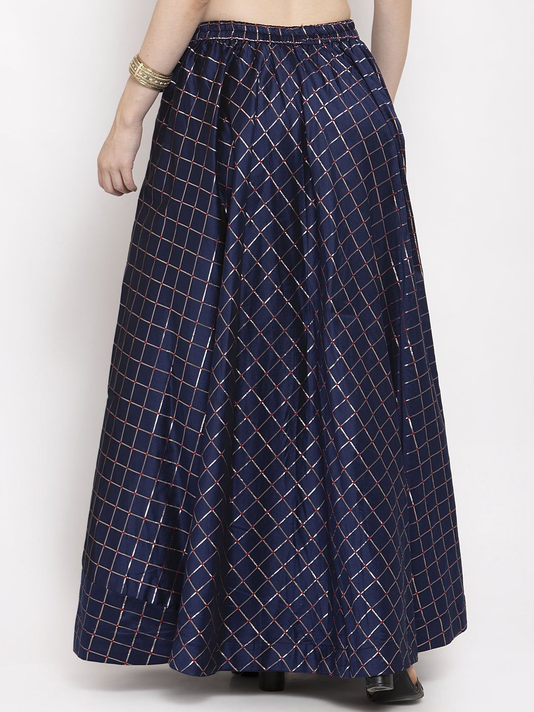 Navy blue printed silk maxi skirt with flared design.