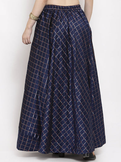 Navy blue printed silk maxi skirt with flared design.
