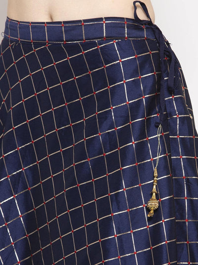 Navy blue printed maxi skirt with a checkered design, made from silk fabric.