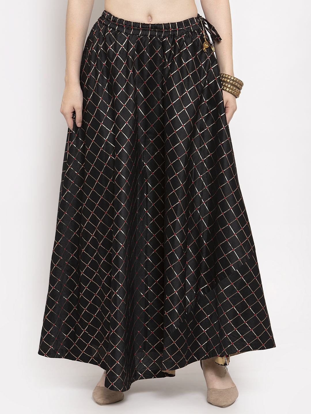 Black printed maxi skirt made of silk with a flared design.