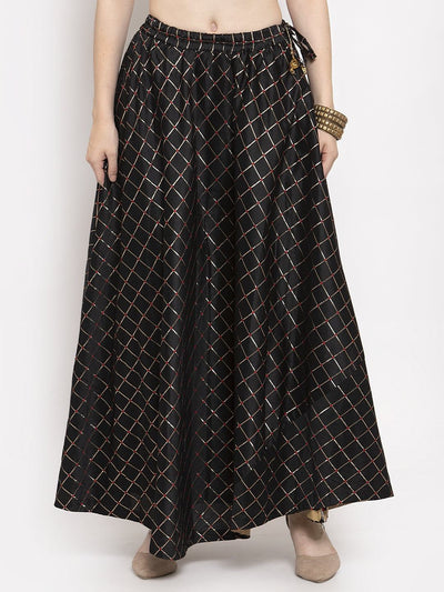 Black printed maxi skirt made of silk with a flared design.