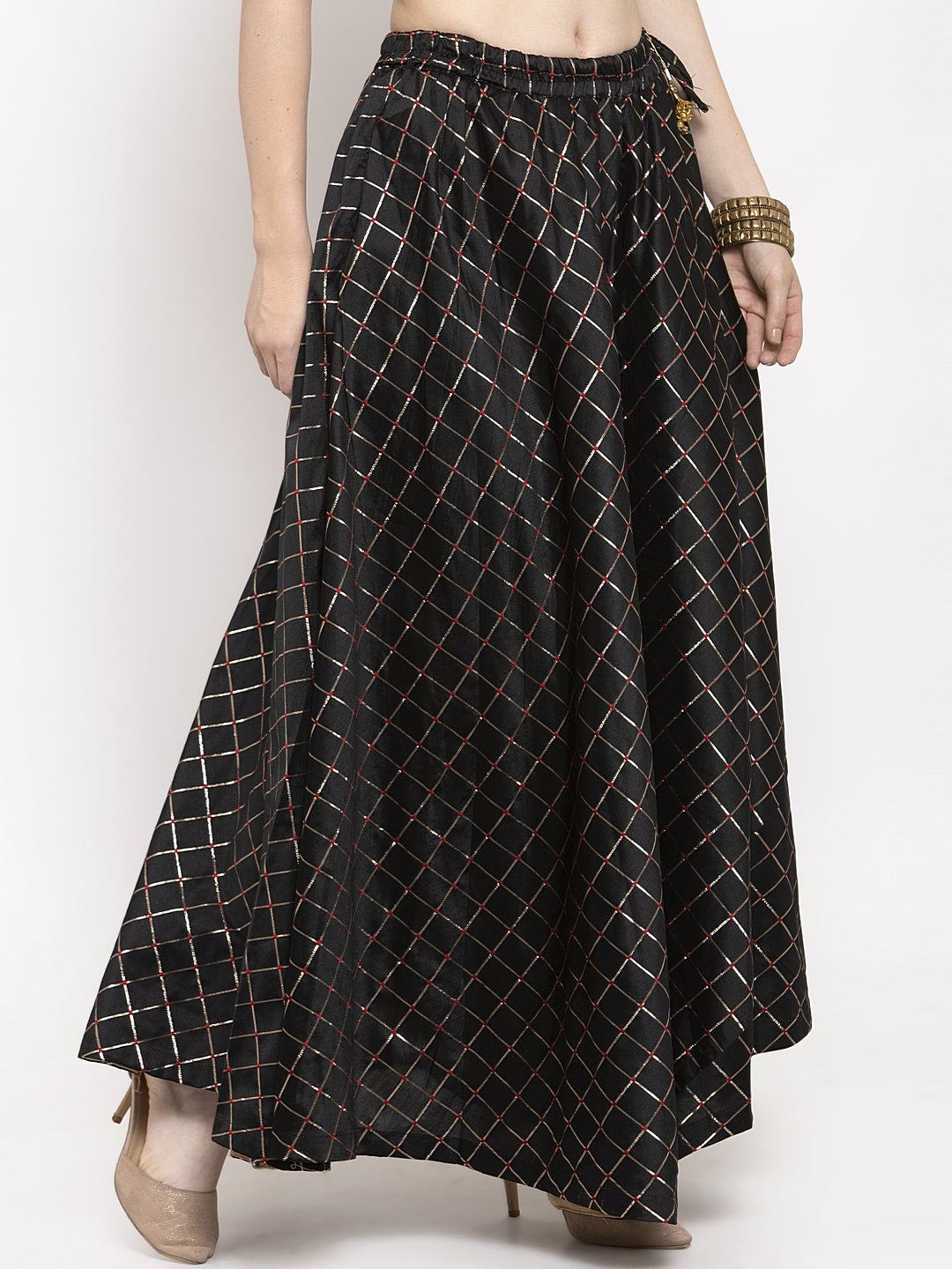 Black printed maxi skirt in silk fabric with flared design.