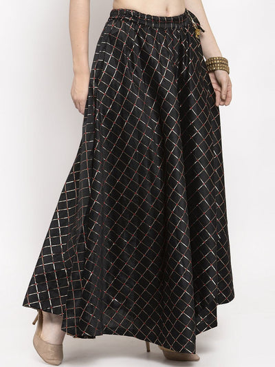 Black printed maxi skirt in silk fabric with flared design.