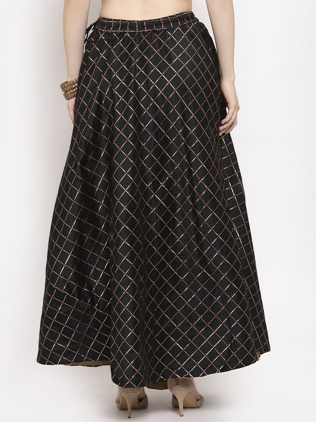 Black printed maxi skirt, silk fabric, flared design for women.