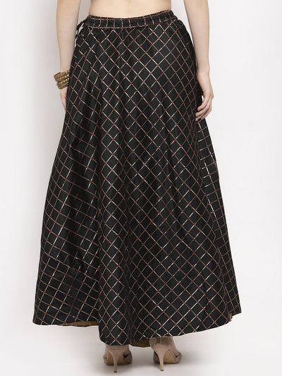 Black printed maxi skirt, silk fabric, flared design for women.