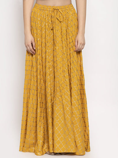 Mustard printed rayon skirt for women with comfortable fit.