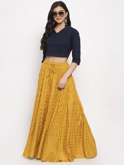 Mustard printed rayon skirt for women, offering comfort and style.