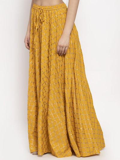 Mustard printed rayon skirt for women featuring a comfortable maxi design.