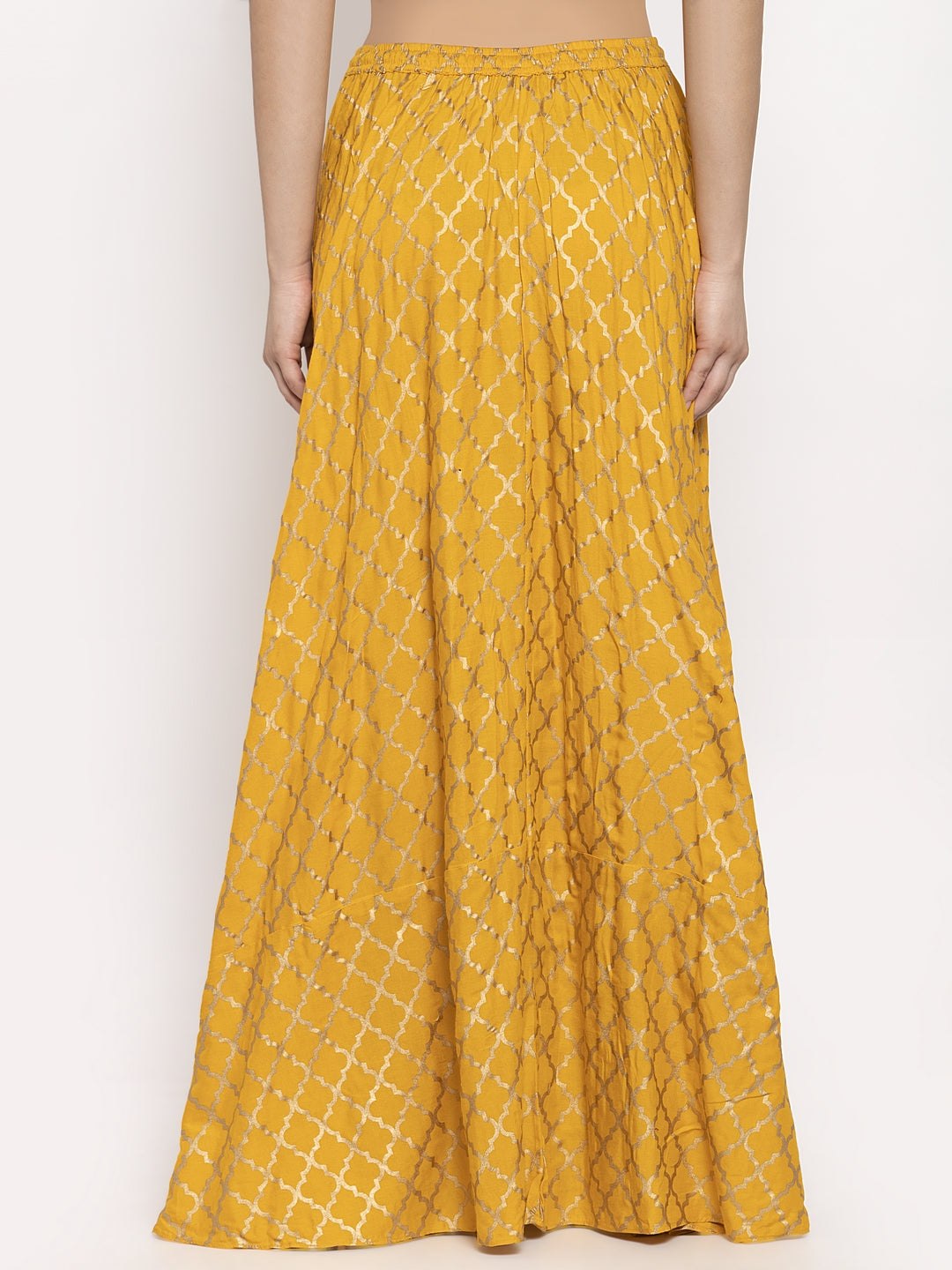 Mustard printed rayon maxi skirt for women by Clora.