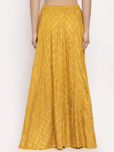 Mustard printed rayon maxi skirt for women by Clora.