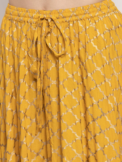 Mustard printed rayon maxi skirt for women.
