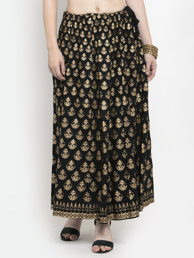 Black Floral Printed Rayon Skirt