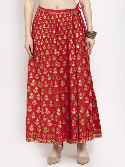 Clora Red Floral Printed Rayon Skirt