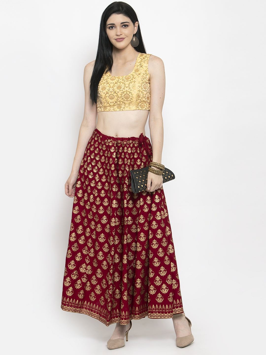 Maroon Floral Printed Rayon Skirt