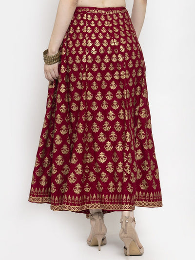 Clora Maroon Floral Printed Rayon Skirt