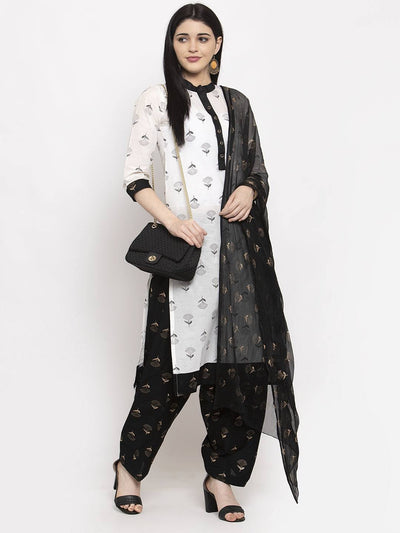 Black printed salwar dupatta set with cotton fabric, enhancing a solid colored kurta.