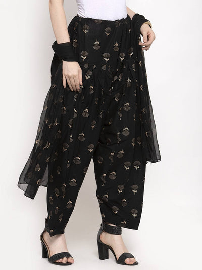 Black printed salwar dupatta set made of cotton fabric.